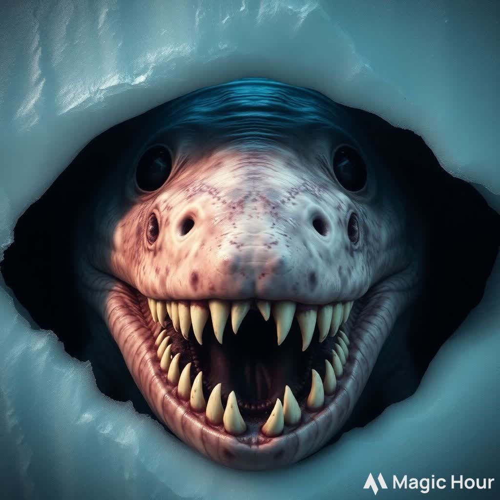 horror art of The Bloop moray eel a terrifying sea monster from creepypasta lore, trapped inside gargantuan underwater A...