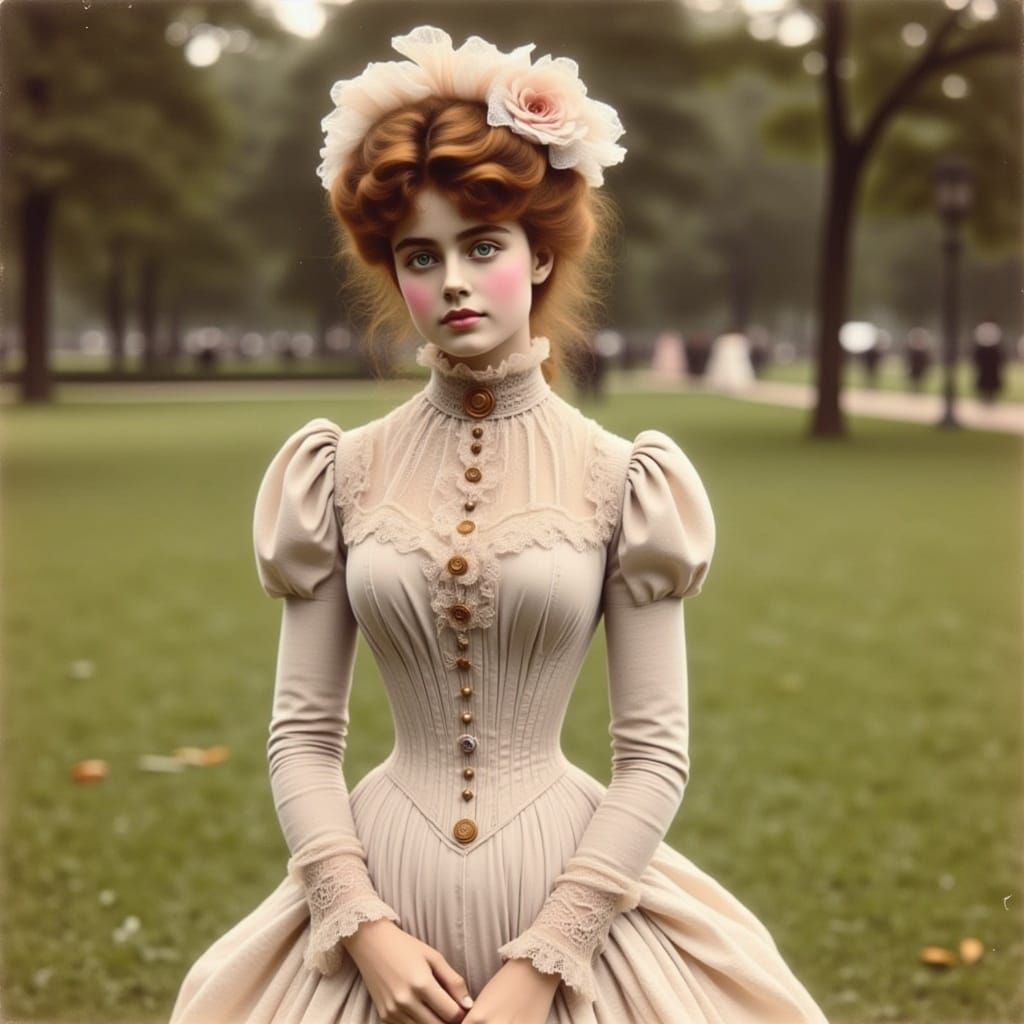  <lora:Flux Gibson Girl:1.0> beautiful ethereal Gibson girl in a park, colorized vintage photo 