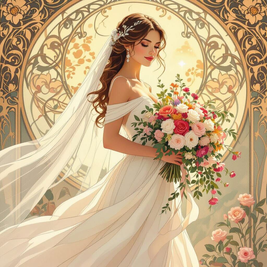 Elegant Bride with Lush Bouquet in Art Nouveau Style