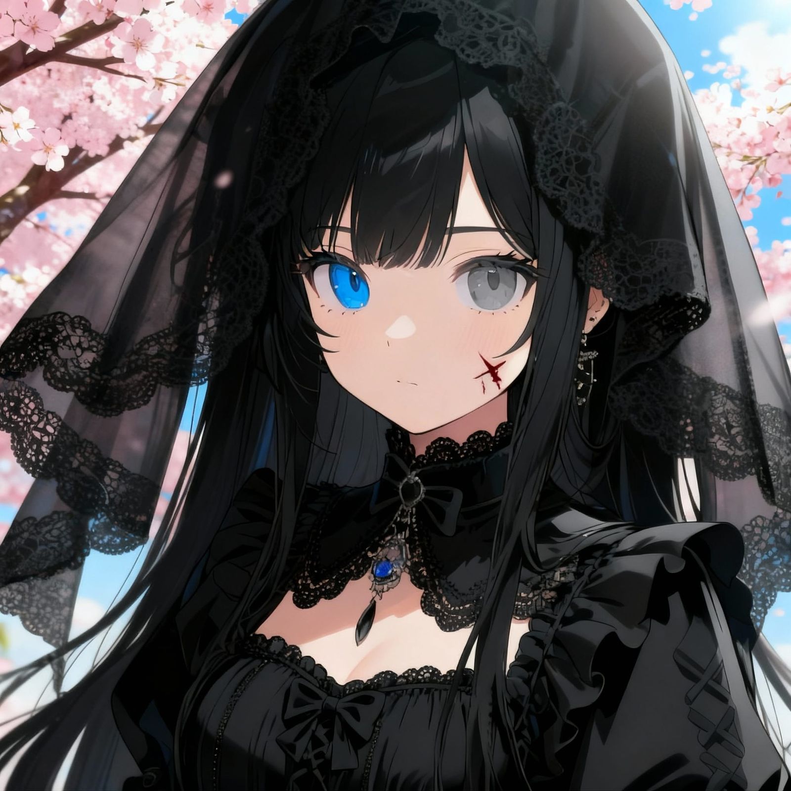 Anime Girl with Brown Hair and Yellow Eyes in Cherry Blossom...