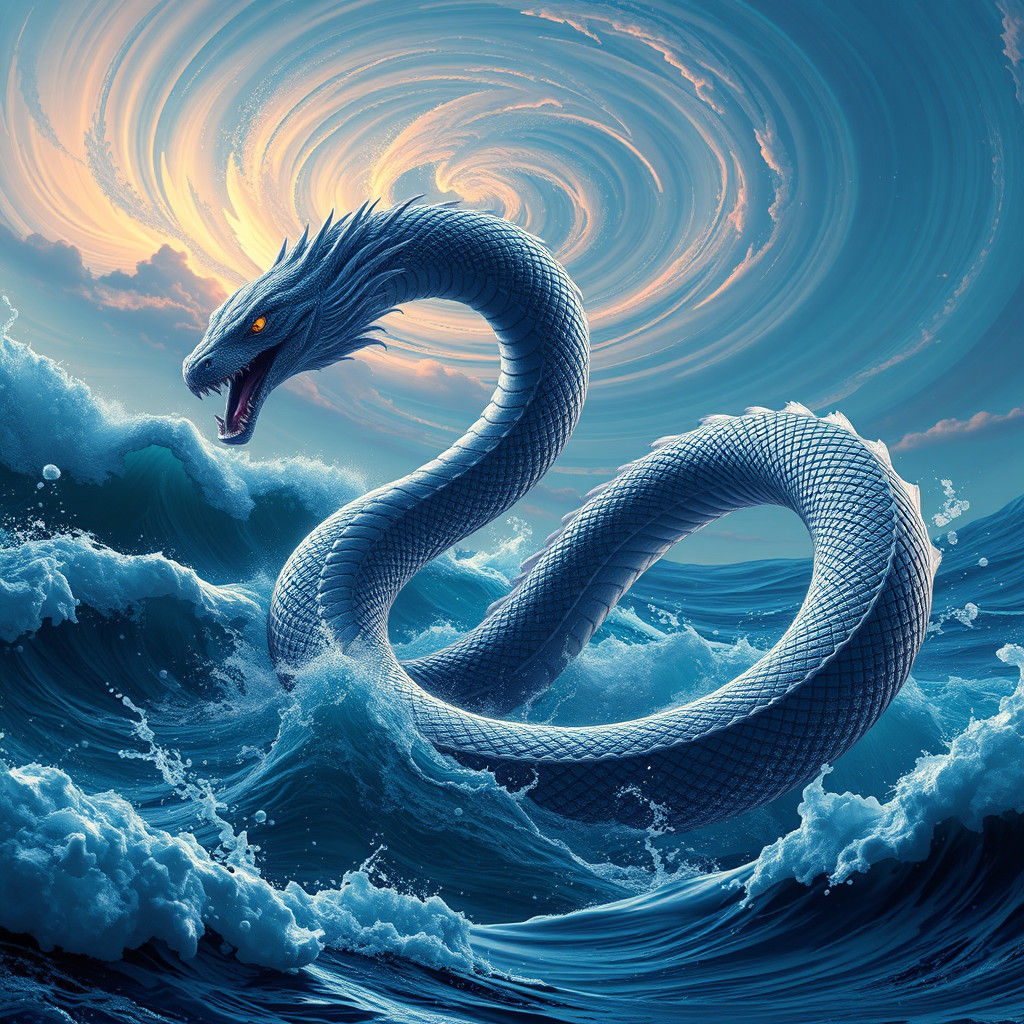 A legendary sea serpent emerging from the ocean, its coils twisting through the waves  by @Hazza Aldhaheri