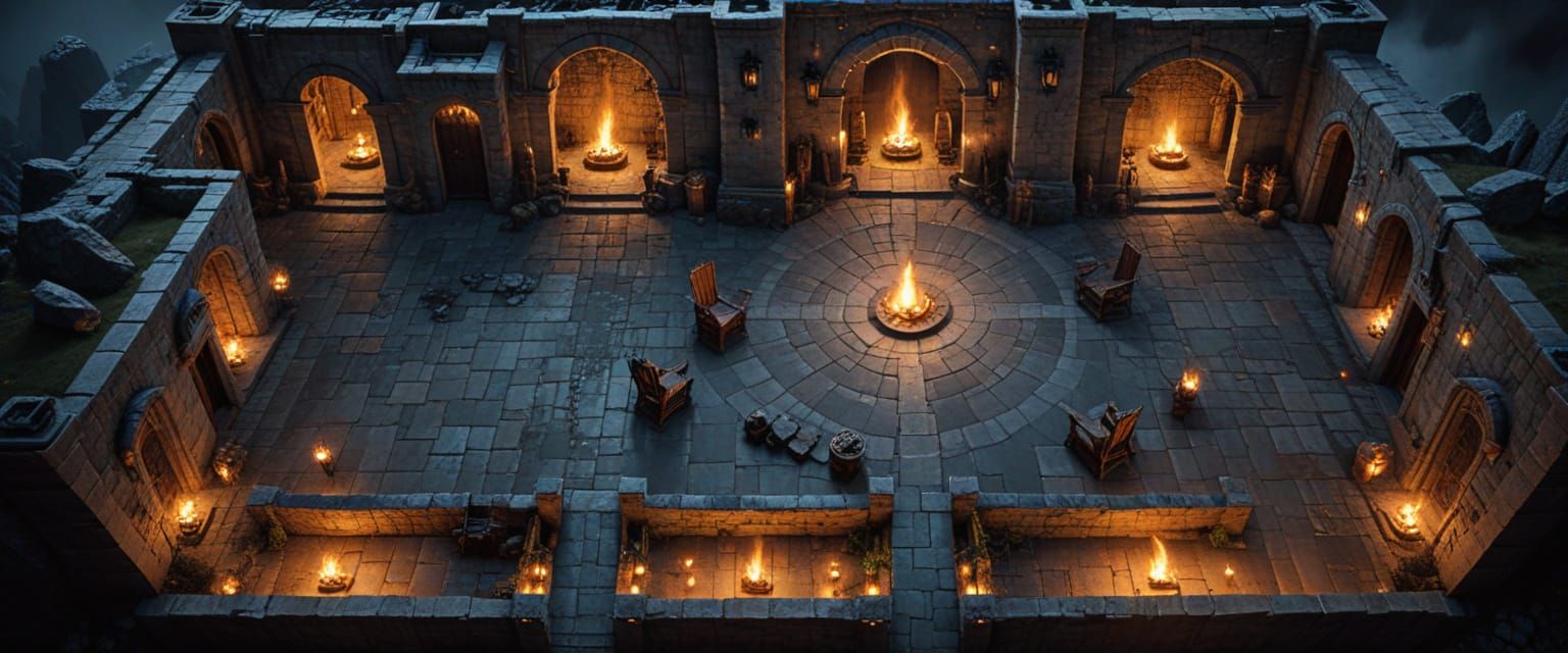 dungeons and dragons tile, floorplan, schematic, top down view, stone walls, jewels, magic, glittering faerie dust sparkles in the air, surr...