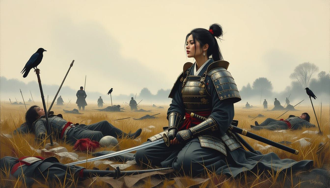 Samurai Warrior Resting on Battlefield as Oil Painting