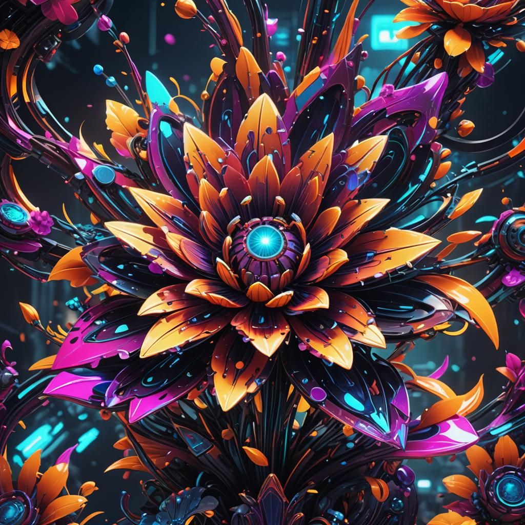 Digital art of a futuristic flower, neon colors, scifi elements, sleek