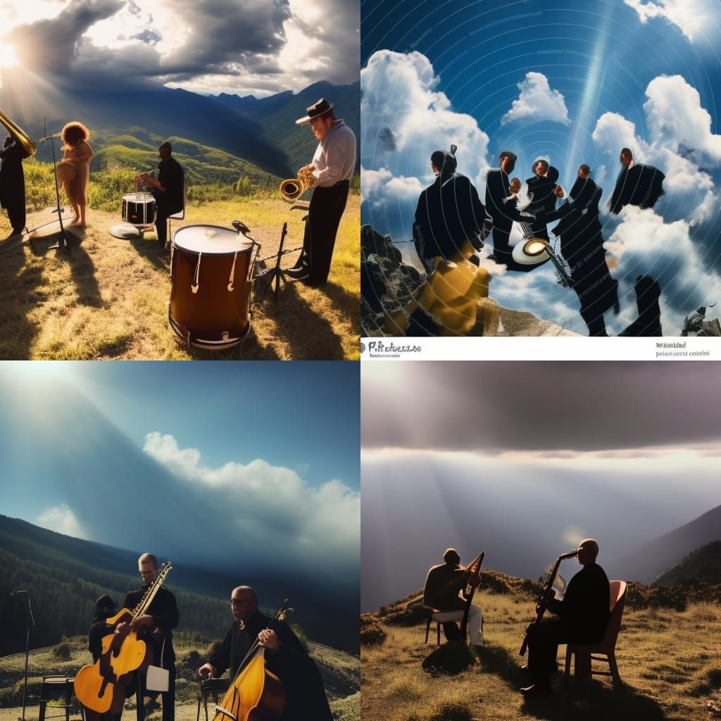Jazz musicians playing a song on top of a mountain while the...