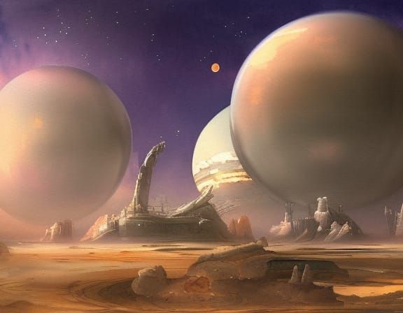 Alien Planet  sci-fi WLOP Canaletto watercolor fantasy