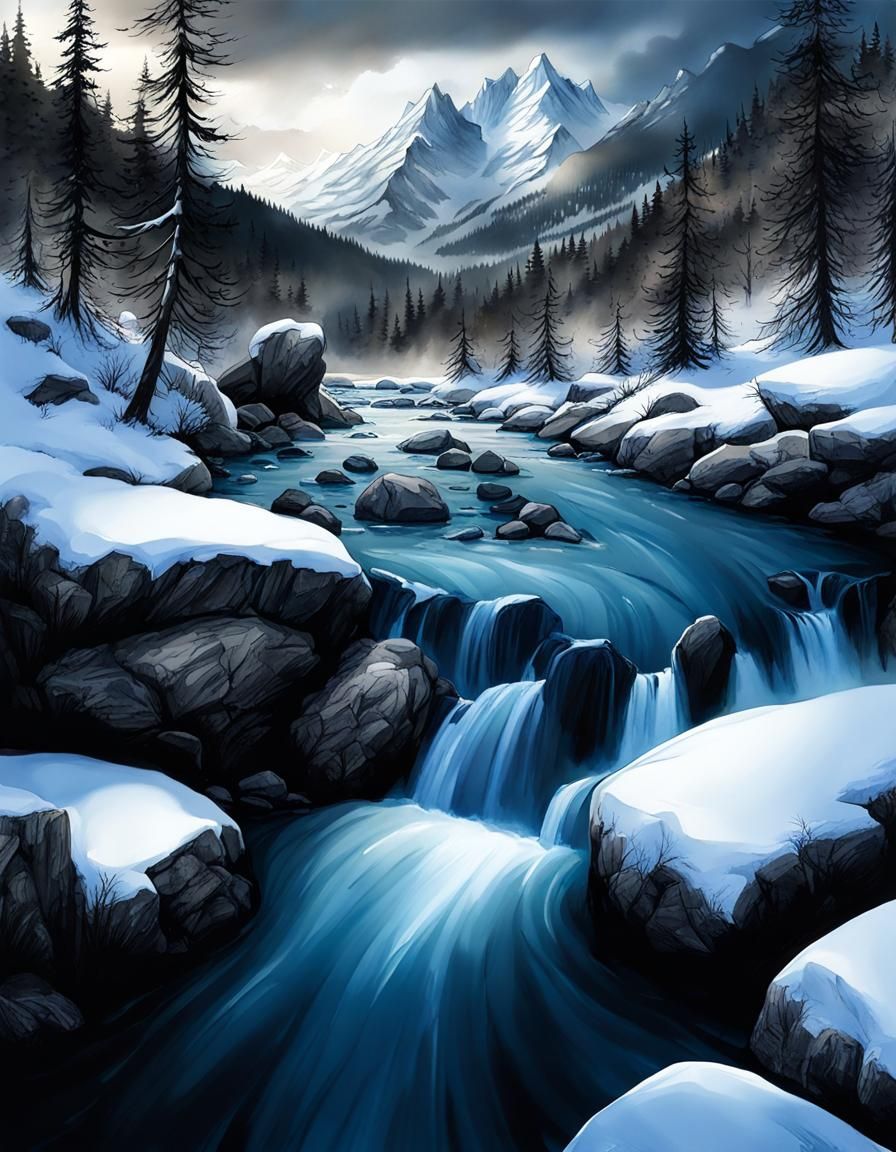 Dramatic Winter Riverscape in Ink and Watercolor