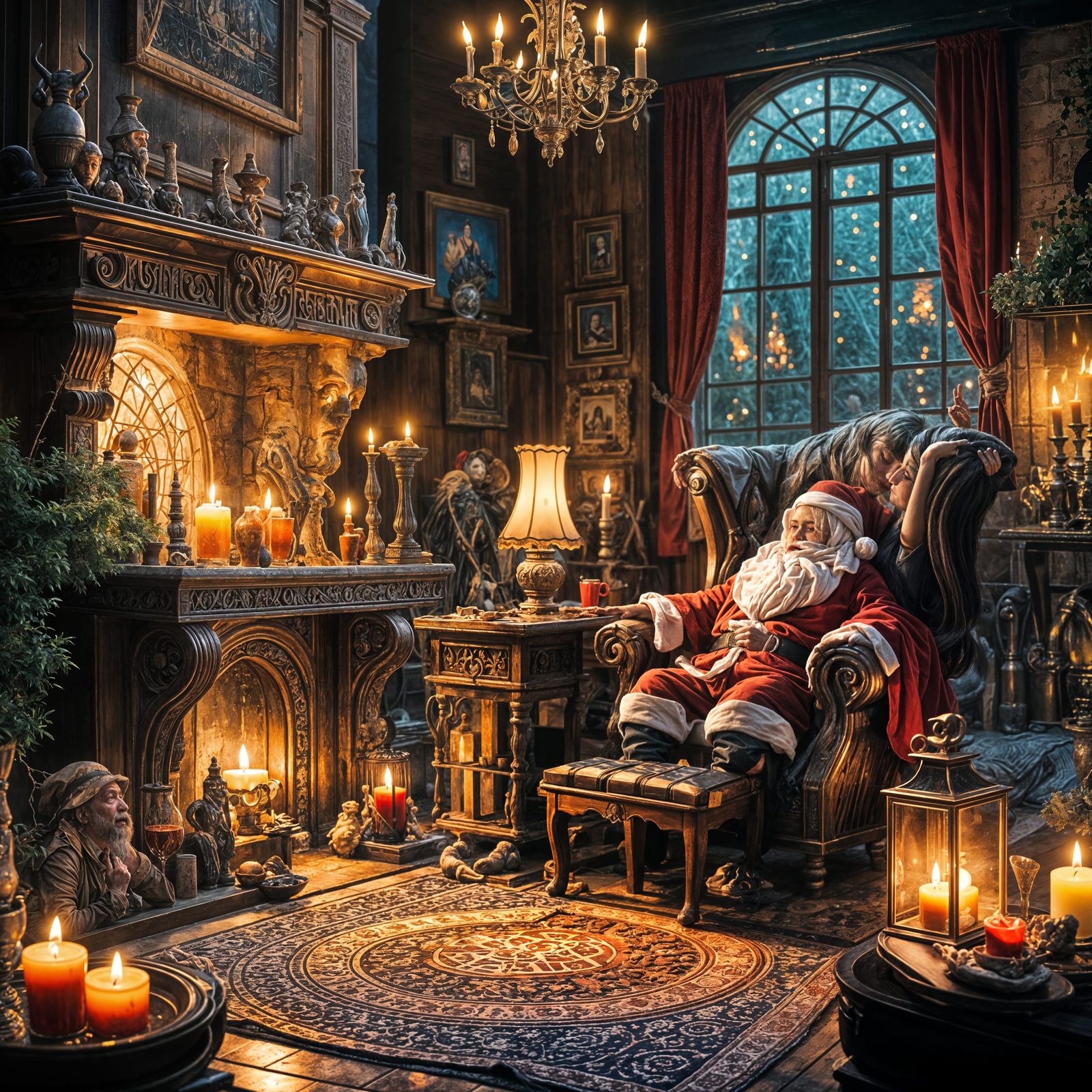 Santa Claus Plays Piano by Fireplace in Cozy Room