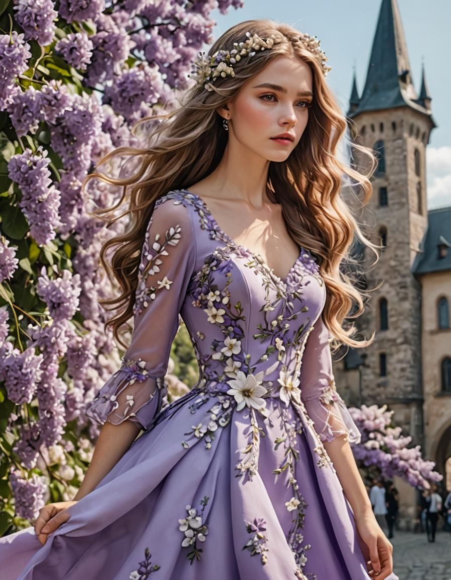 Fee sehr lange weiße Haare lila Kleid mit weißen Blüten, Hin...