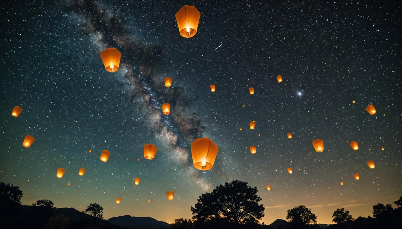 Paper lanterns flying through the air amidst a night sky ful...