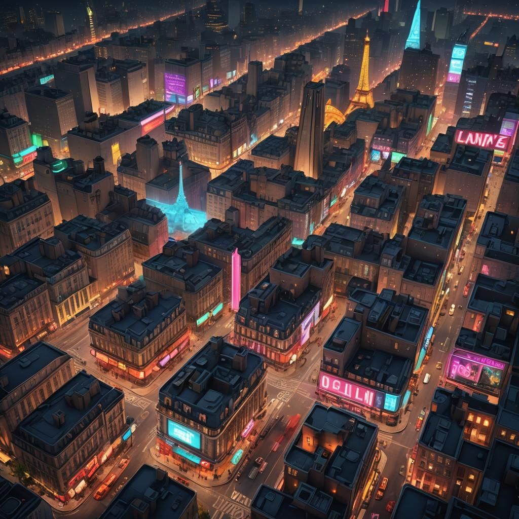 Scene: A nighttime cityscape featuring a blend of iconic lan...