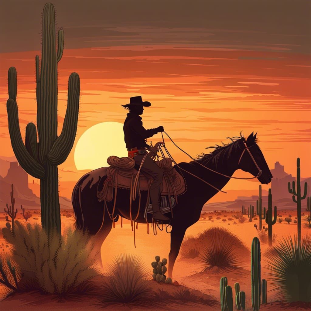 A cowboy riding a horse into a desert sunset cactus surrounding him ...