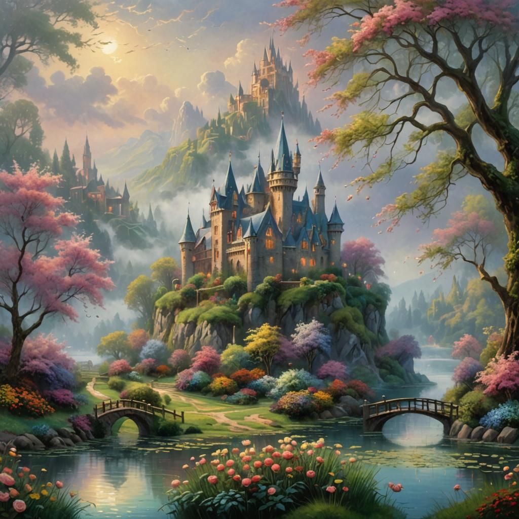 a incredible beautiful fantasy castle on a hill, monet style...