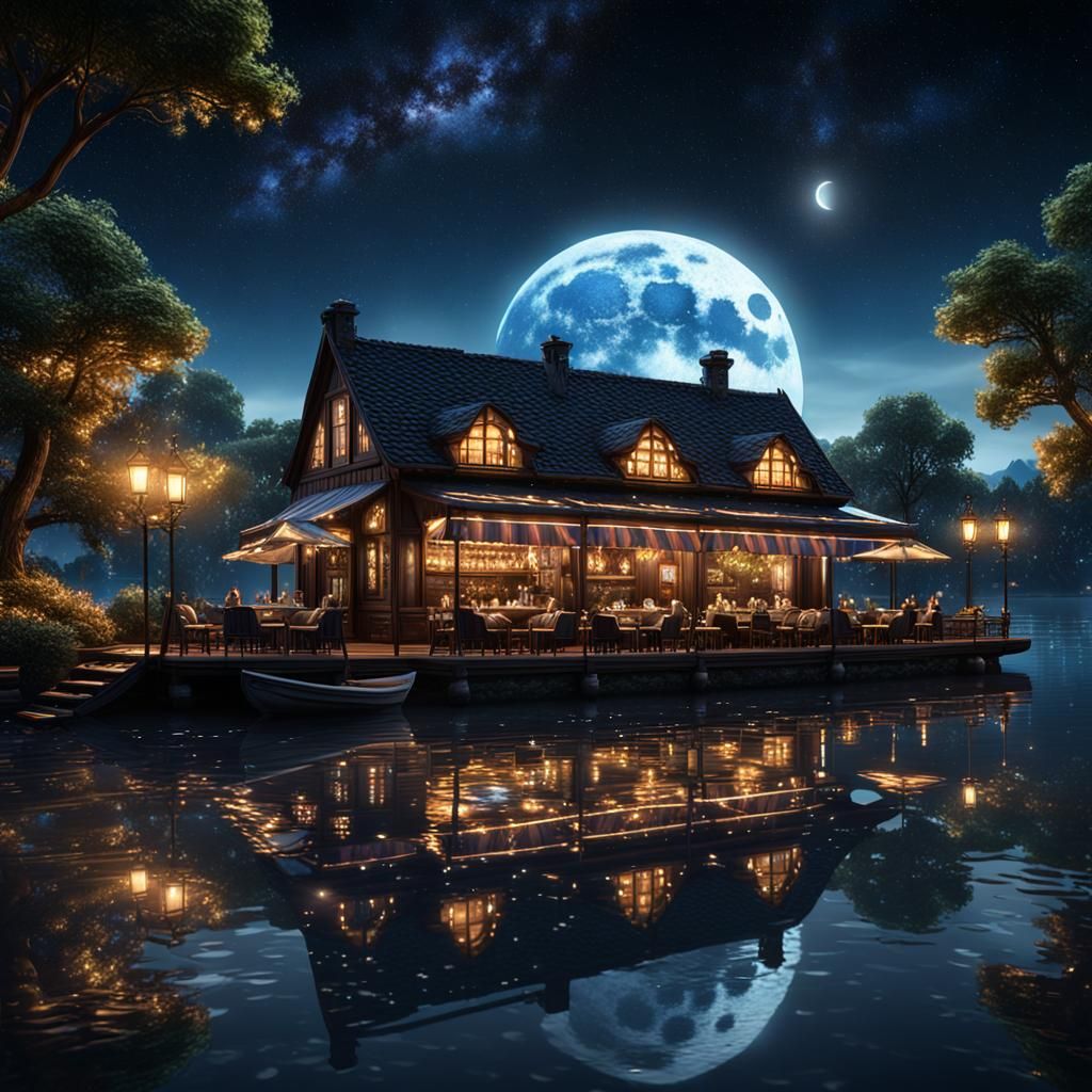 a realistic restaurant near the river