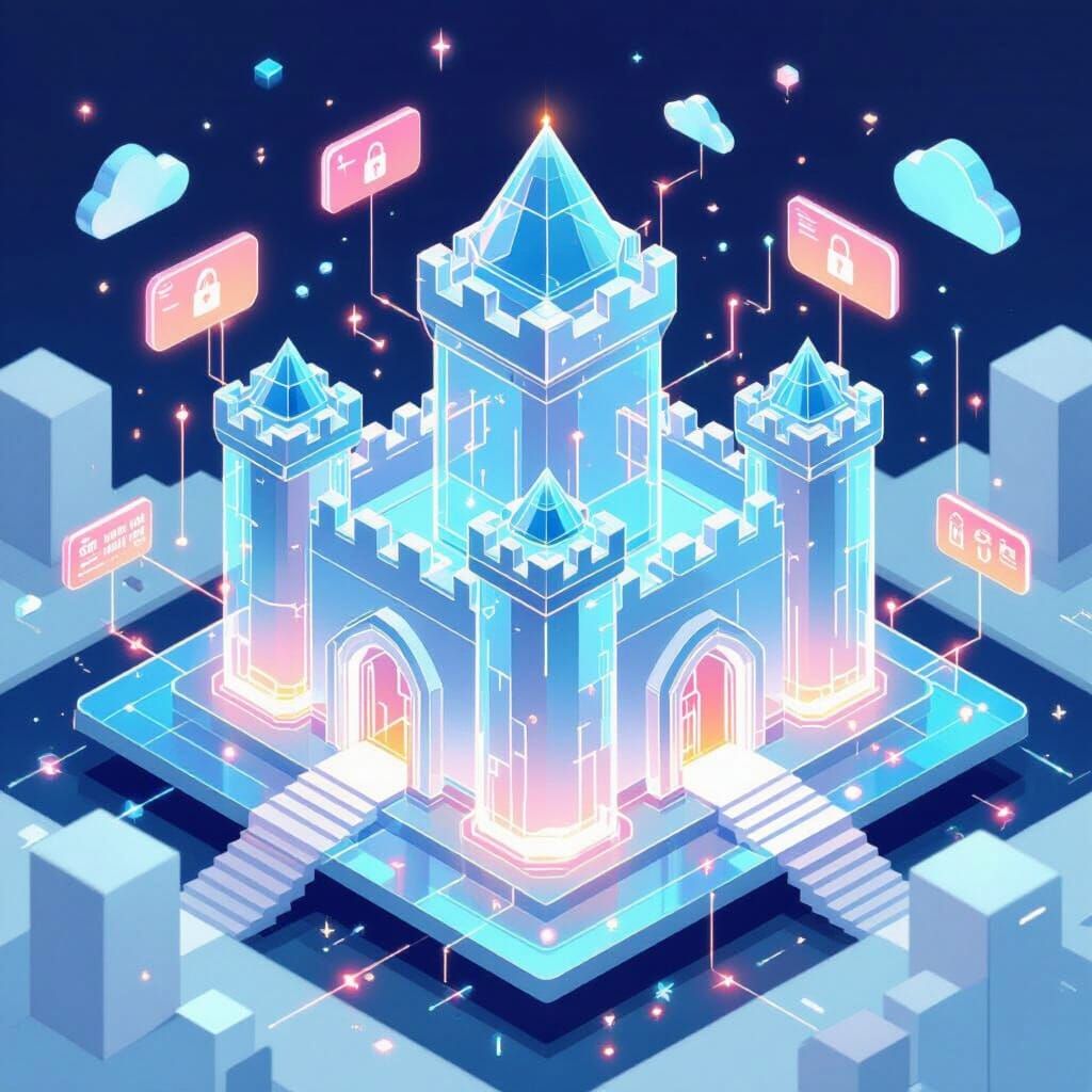 Exploded‑view schematic of zero‑trust architecture depicted as a glass castle with concentric translucent walls and a moat of encrypted traf...