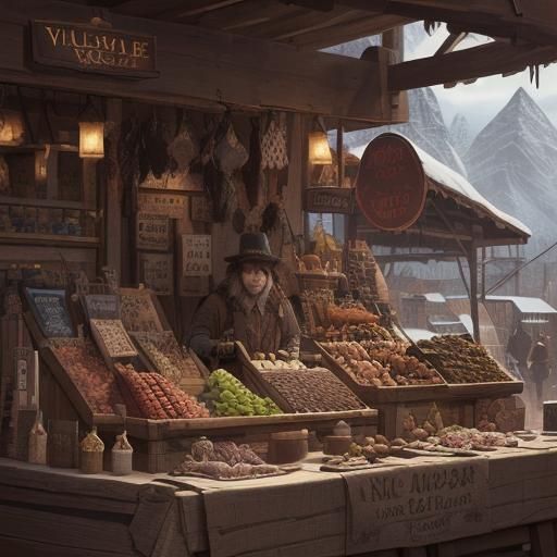 Village market selling pelts, fur, jerky on a table at the village market