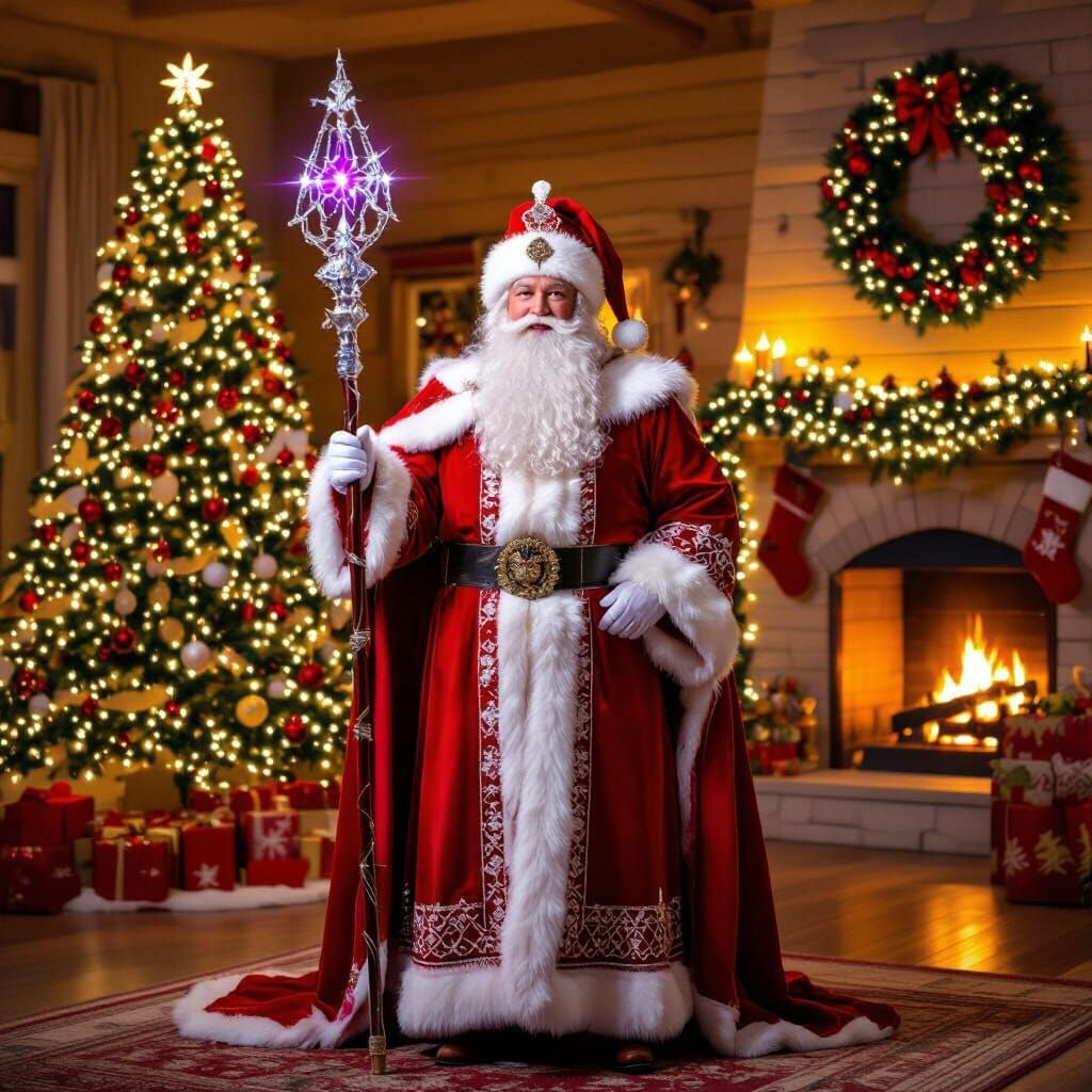 соеденить эти два изображения как будто идёт представление. Человек в белом костюме играет на сентезаторе, а дед Мороз танцует. - Start Image 1