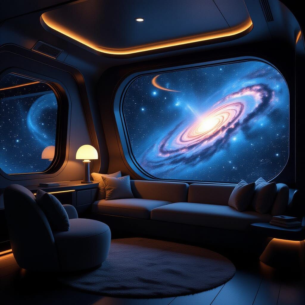 Futuristic Spaceship Reading Nook with Galaxy View