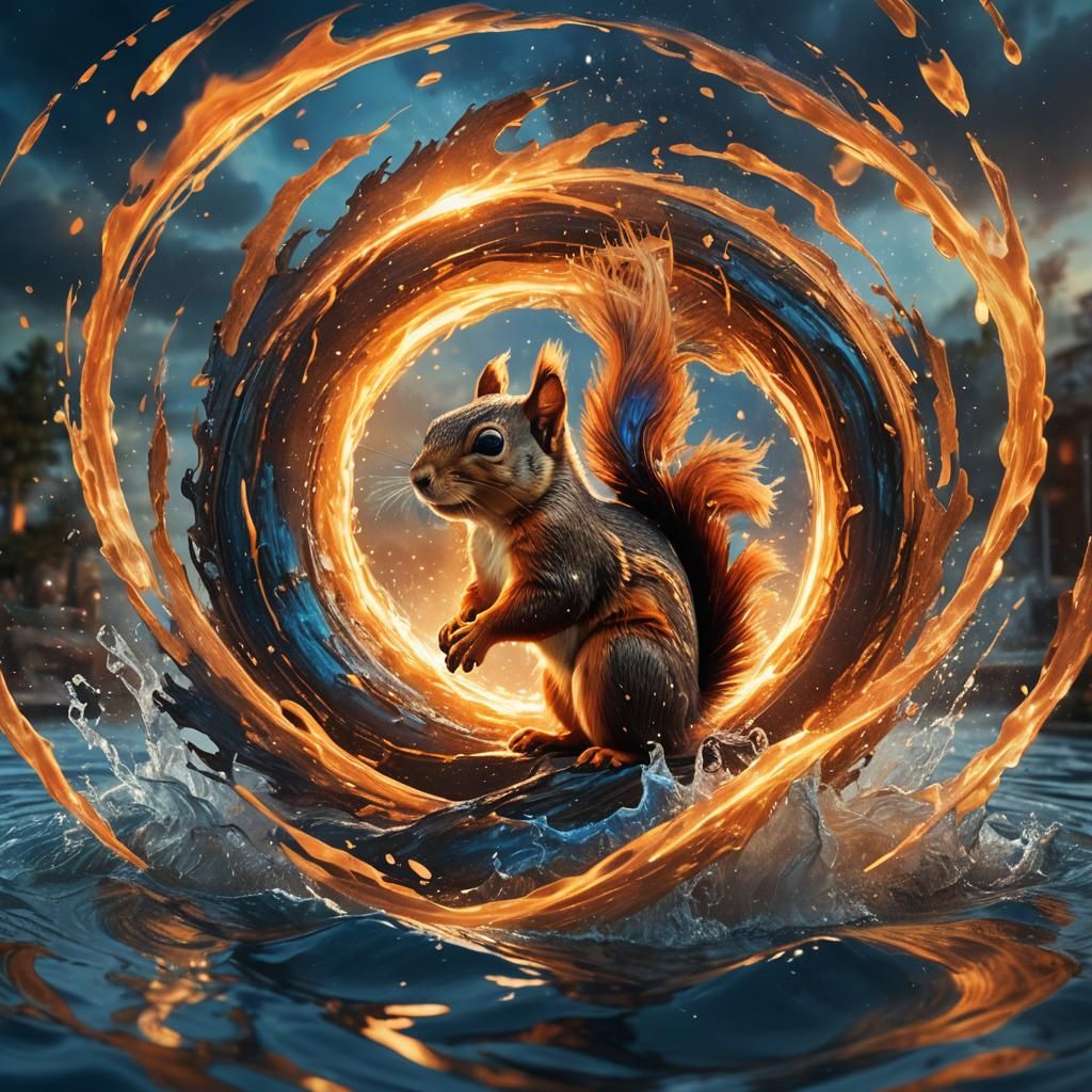 Squirrel Surrounded by Fire and Water in Digital Art