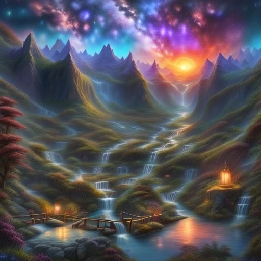 A dusk scene with endless waterfalls <lora:Vibrant Landscapes:1.0>