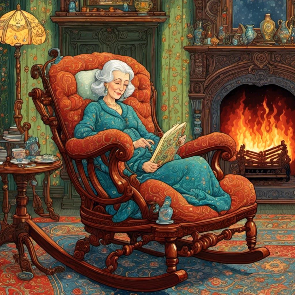 Pencillation model test - old mother in her rocking chair by the sparkling cozy fireplace