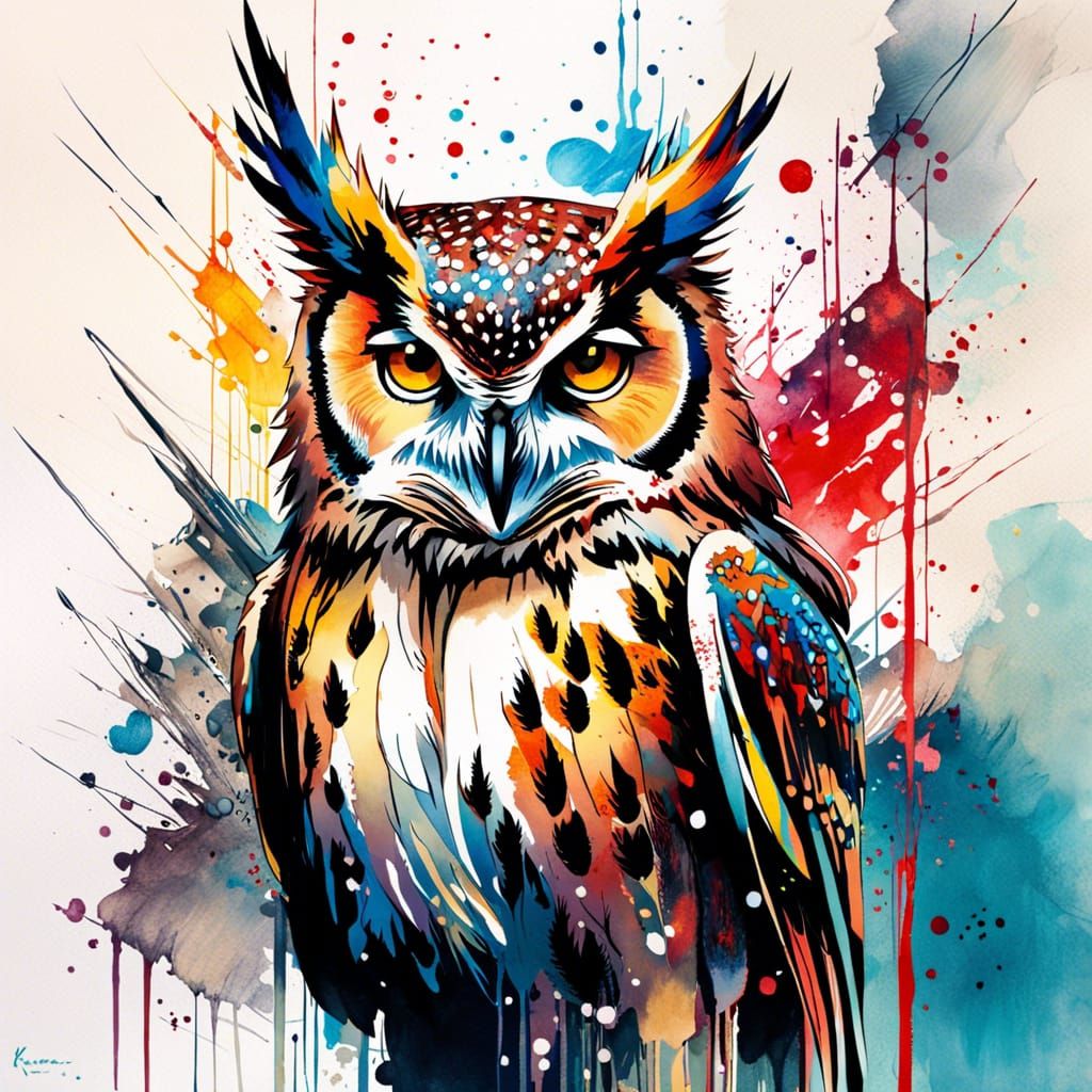 Cattlepunk Owl in Watercolor Manga Illustration