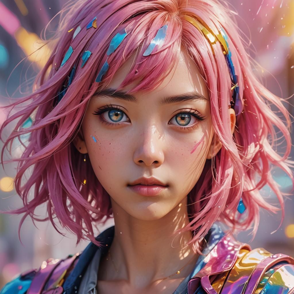 Anime Portrait with Pink Hair in Vibrant Colors