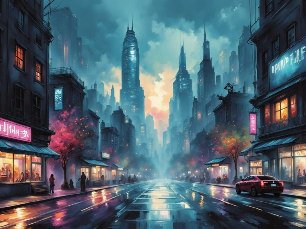 <lora:GAZLayeredArt:1.0> A cityscape at night