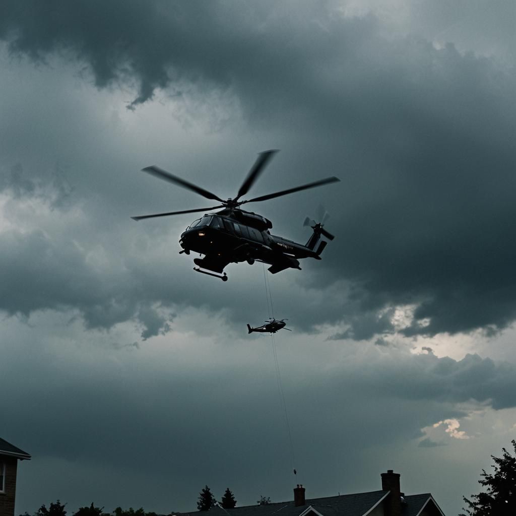 black helicopter flying very low over a residential house