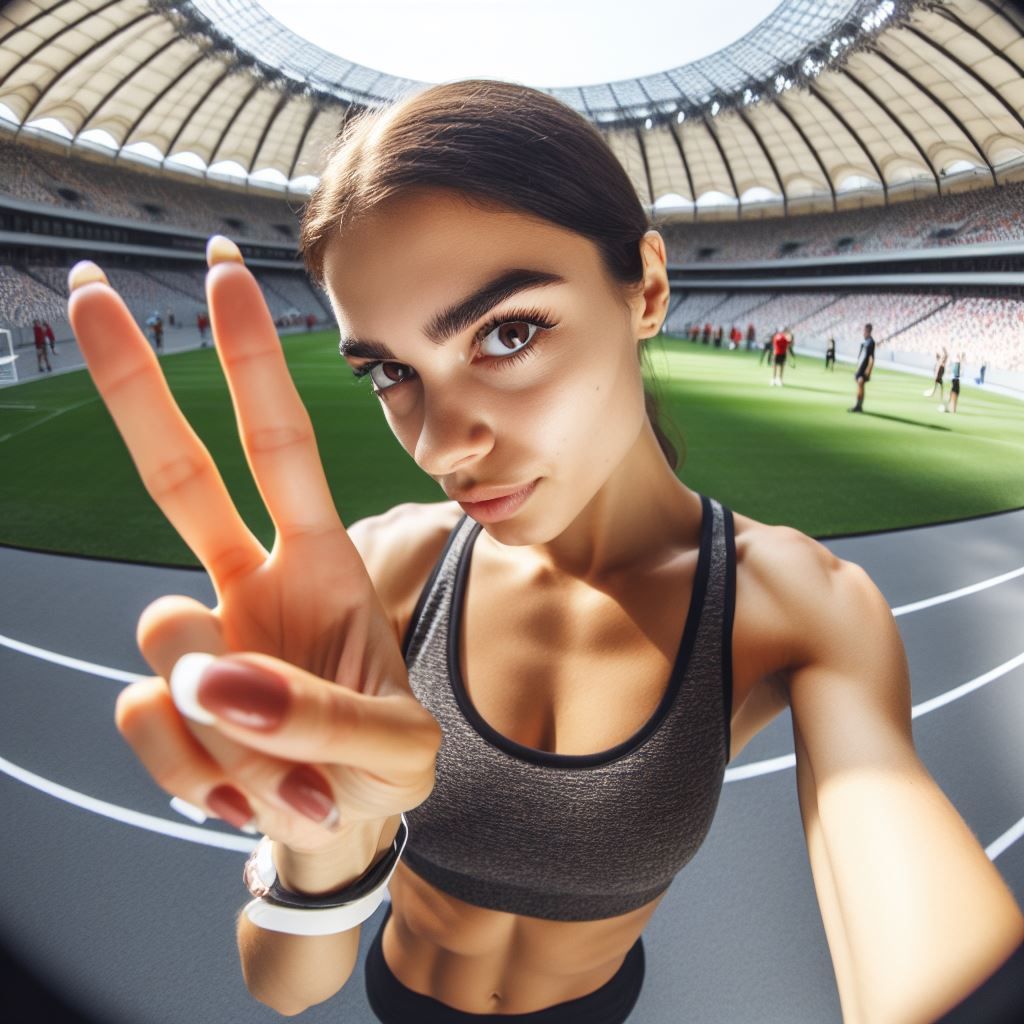 Sport woman shows V-sign gesture to camera