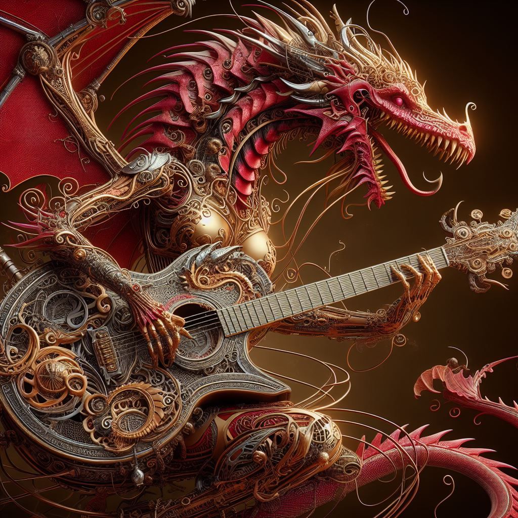 Dragon plays guitar by DALL-E 3