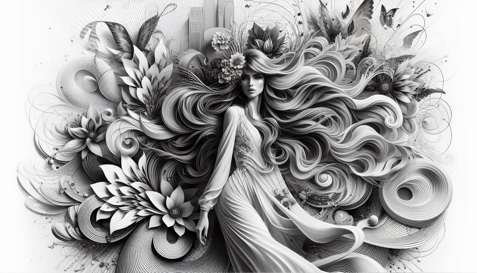 Female in black and white, flowing lon hair, flourish design