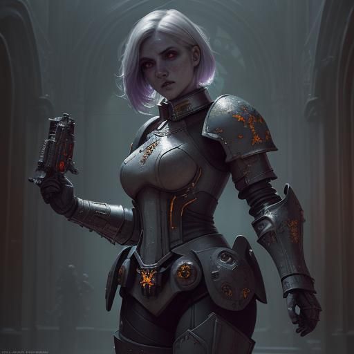 Adeptus Sororitas, short, white hair, freckles, cute face, Power armor ...