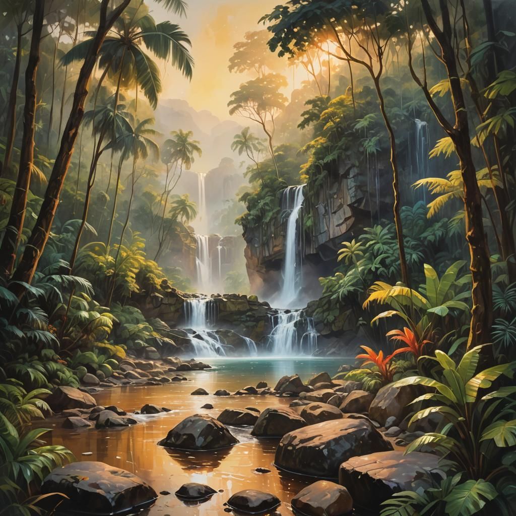 Tropical Waterfall Landscape at Dusk in Oil