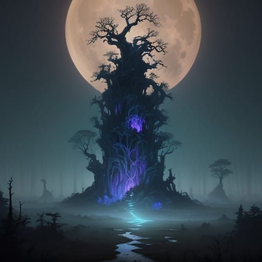 Mystical Forest Landscape with Glowing Mist and Gnarled Root...