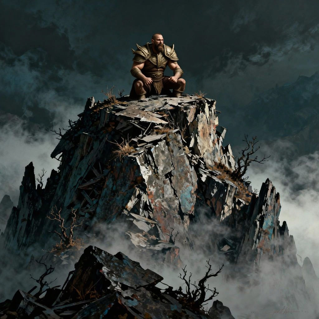 A lone monk meditating atop a desolate, crumbling mountain peak, shrouded in mist. The landscape is a stark representation of decay and isol...