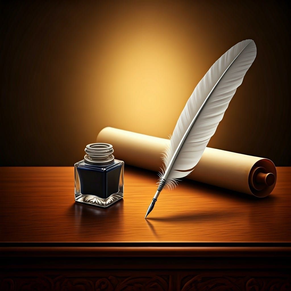 Traditional Sofer Setam Quill and Inkwell on Ornate Wooden T...