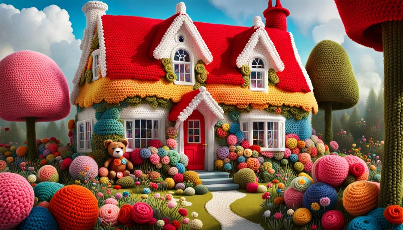 Portrait of a crocheted old English Cottage with a garden and teddy bear made entirely out of crocheted ...  by @SteveCampsOut