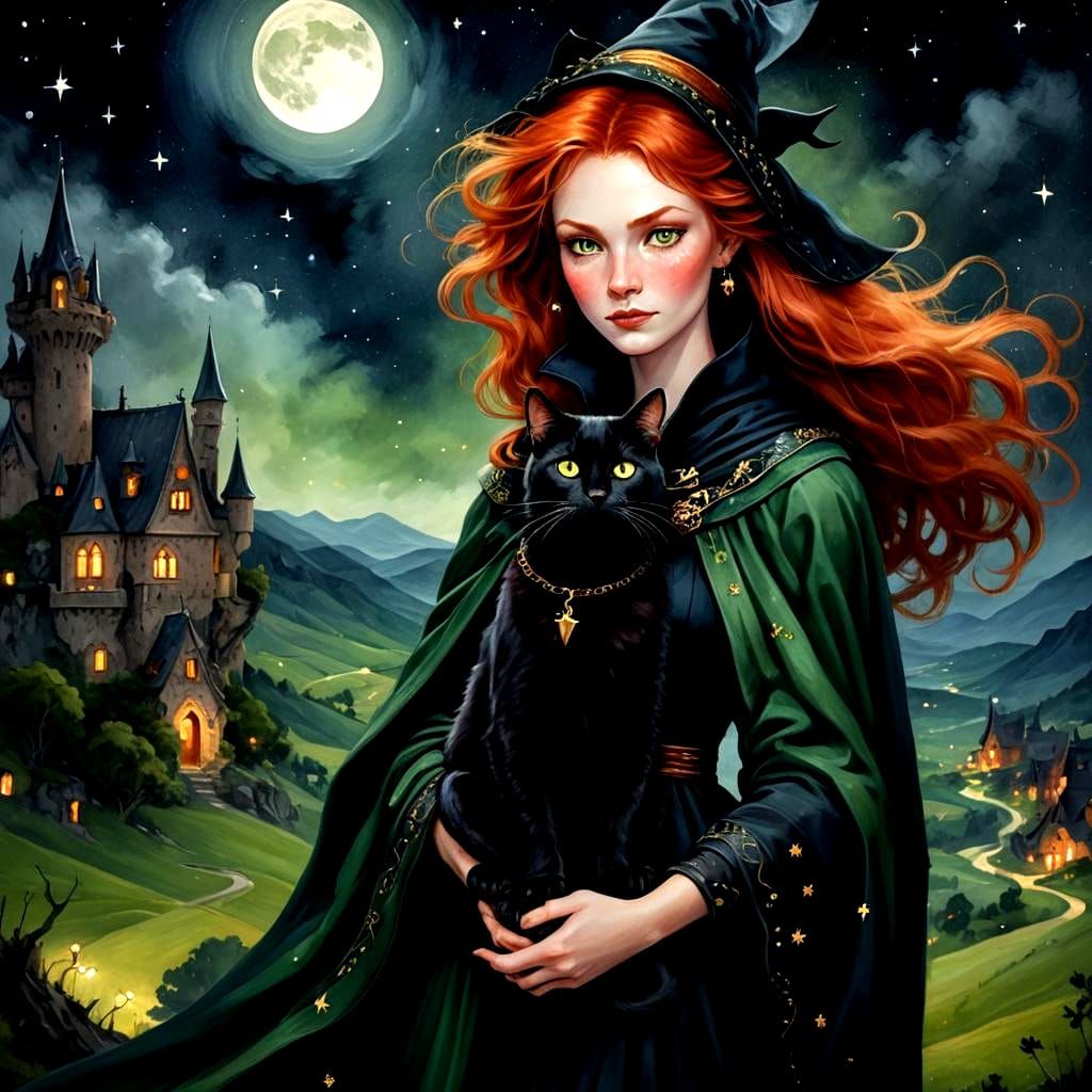 THE RED HAIRED GREEN EYED  WITCH LOVED HER BLACK CAT CALLED ...
