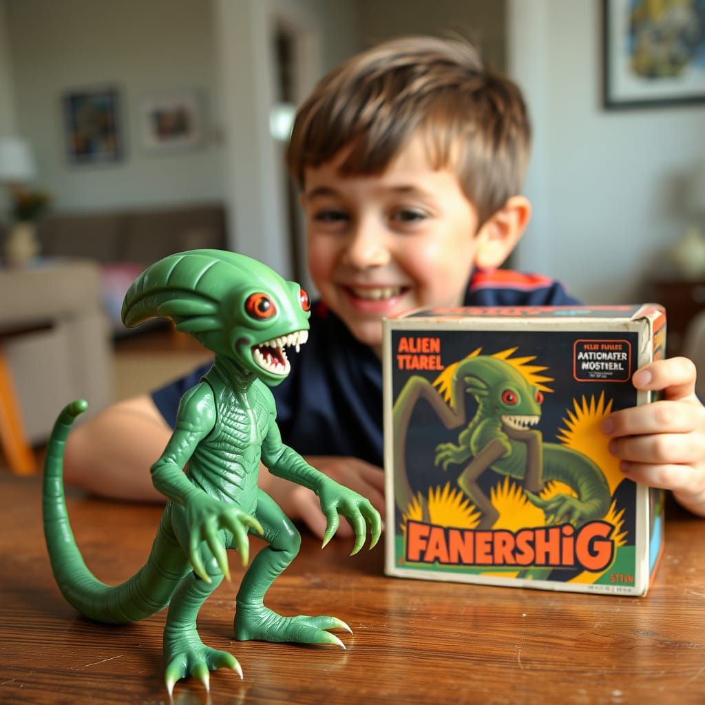 The image shows a happy boy playing with a vintage alien monster action figure. The figure is green with ...  by @Zacharo