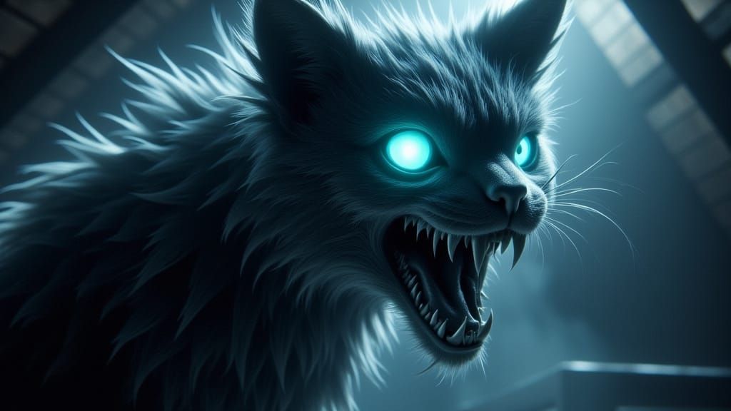 Eerie Fantasy Cat with Glowing Eyes in Horror Style