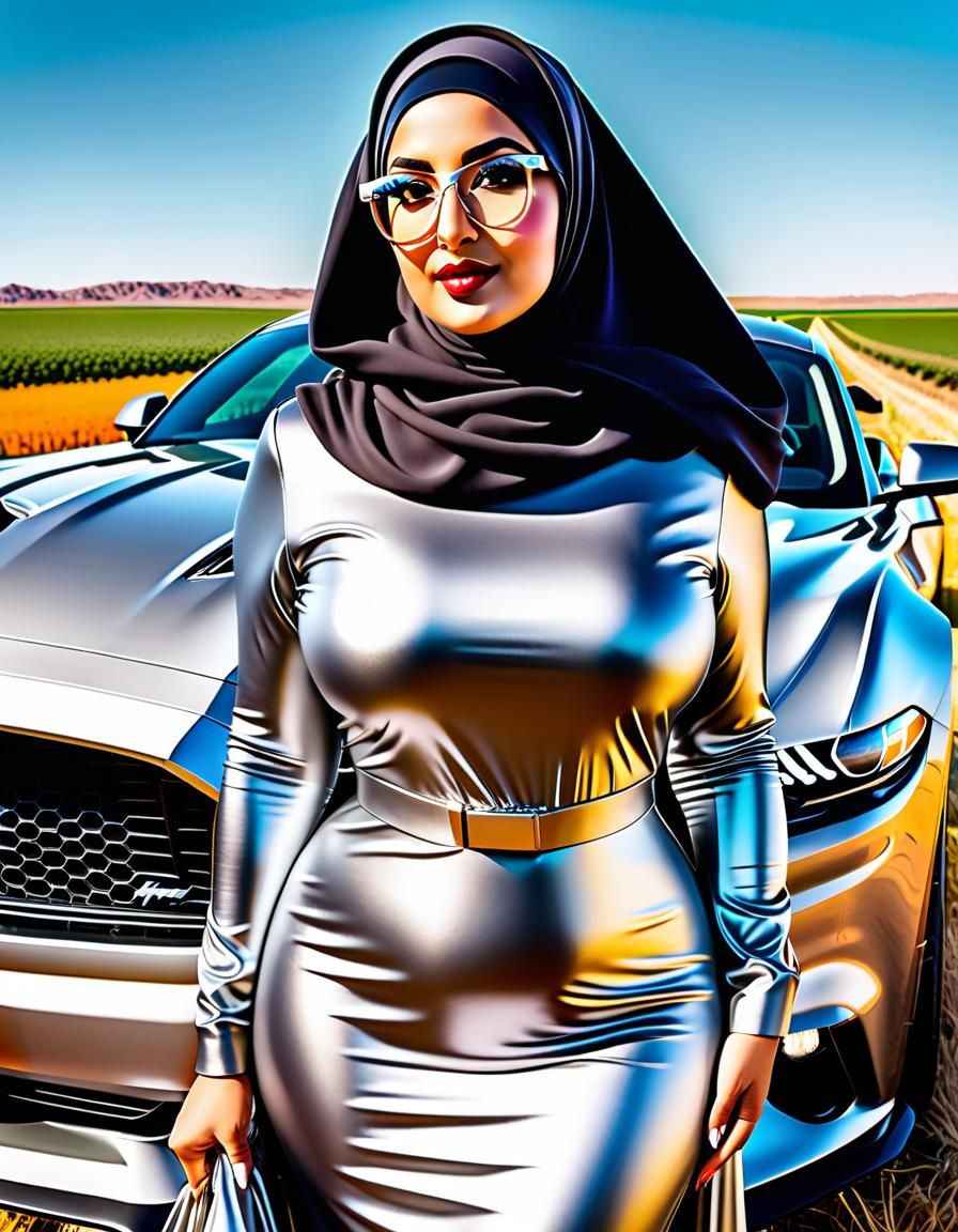 Happy Curvy Woman in Hijab with Ford Mustang