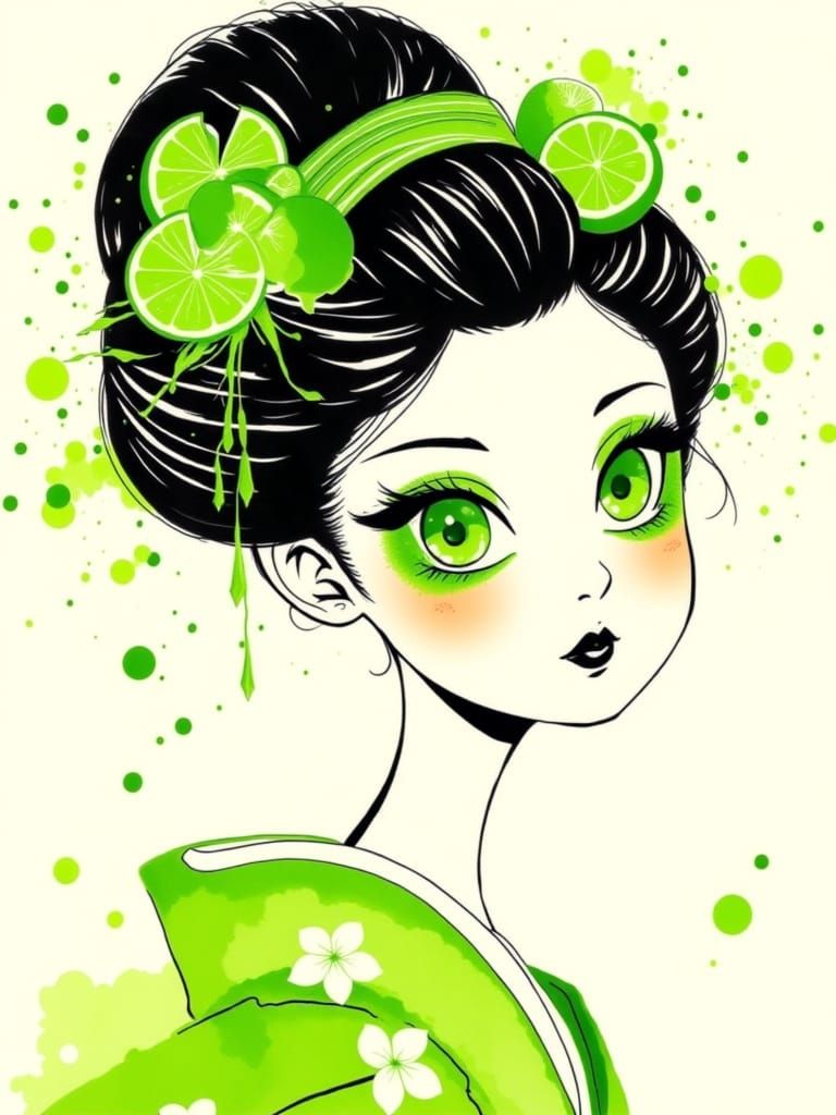 Geisha with Juicy Lime Kanzashi Limes

    "A whimsical Sumi-e style geisha with bold lime eyes and a matching lime splash, featuring expres...