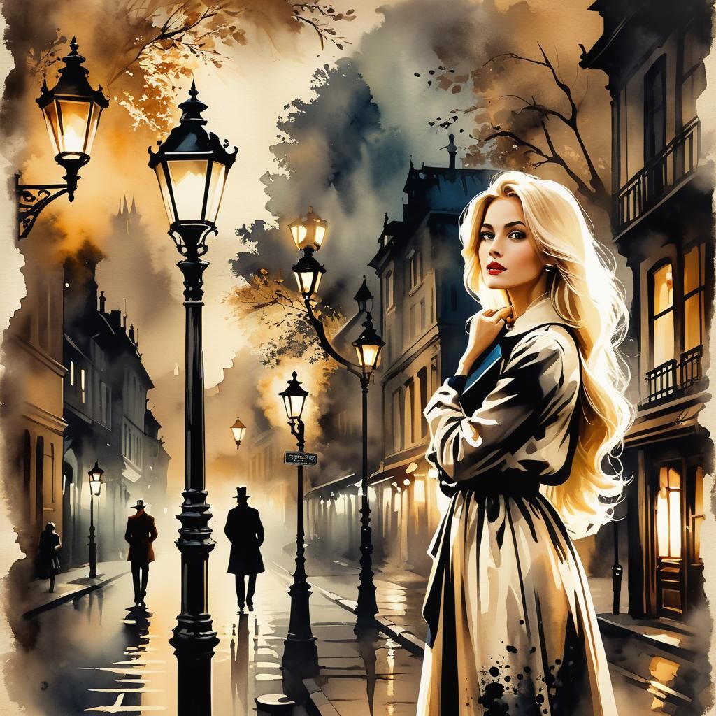 stunning woman, blond hair,  walking at night