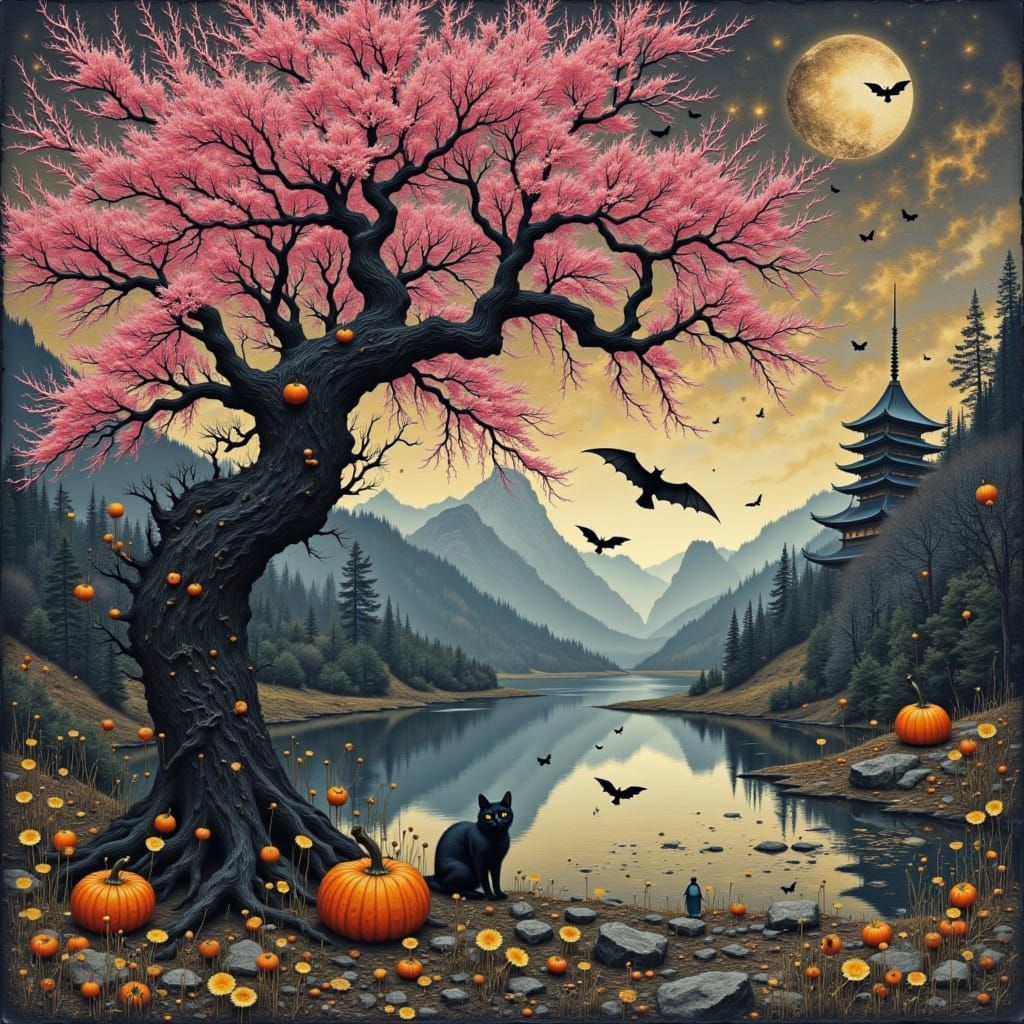 <lora:Hints of Red Gold:1.0> A beautiful ancient sakura tree in front of a lake. Mountains and Japanese temples in the background. Witch Cat...