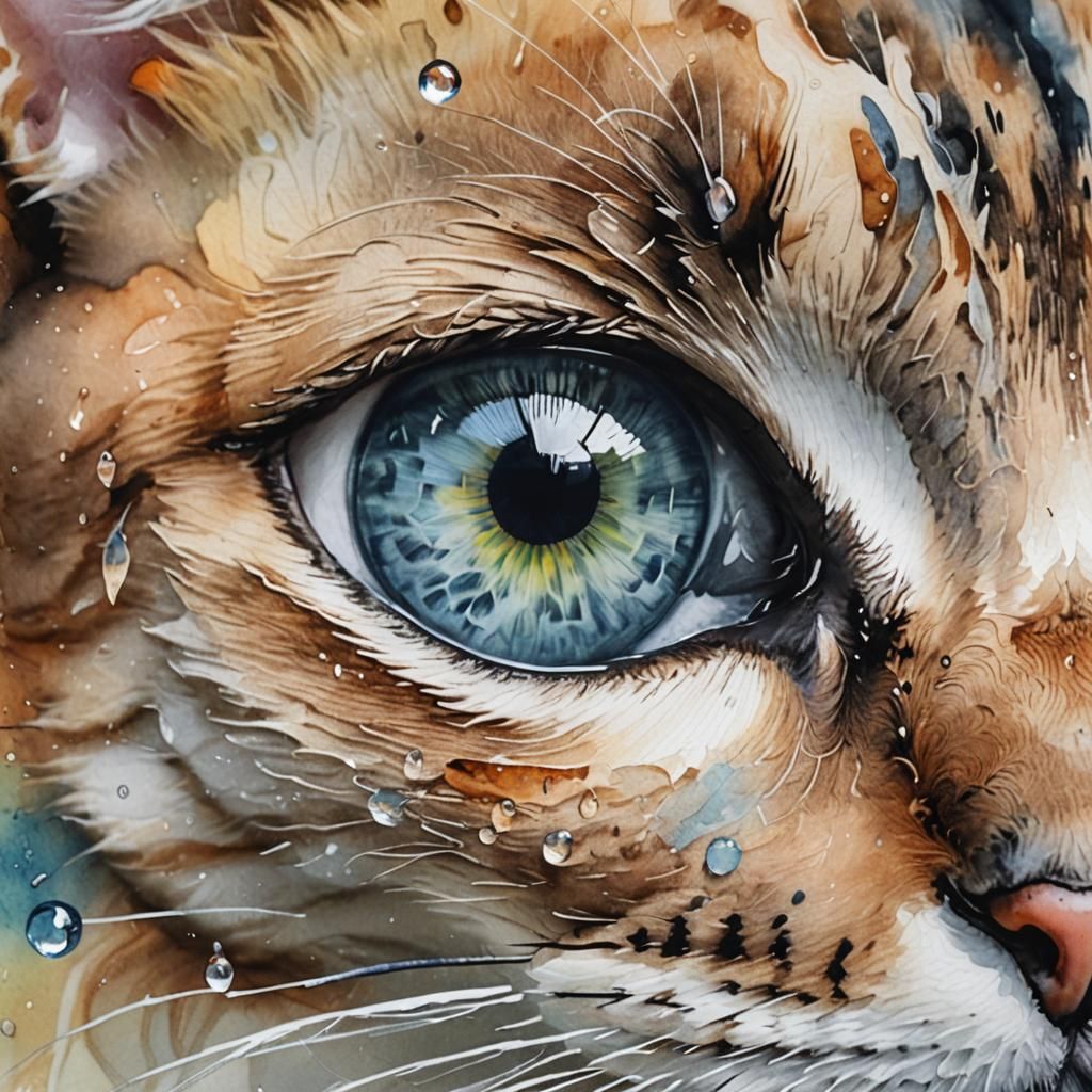 Water Droplet in Cat's Eye: Watercolor Macro
