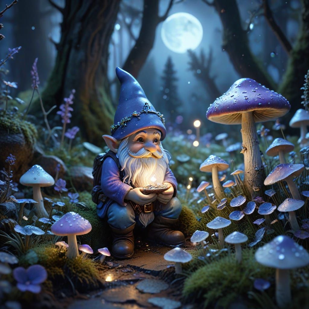 Gnome's Moonlit Mushroom Garden in Anime Realism