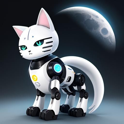 A charming and adorable AI android robot cat named Moon Moon...