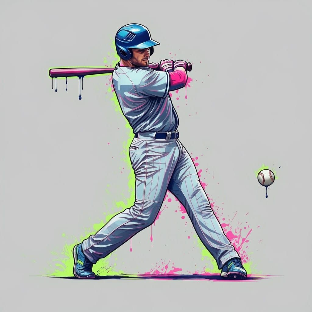 Generate a high-resolution (minimum 4000 x 4000 pixels, 300 DPI) digital illustration depicting a baseball player in a dynamic, mid-swing ac...