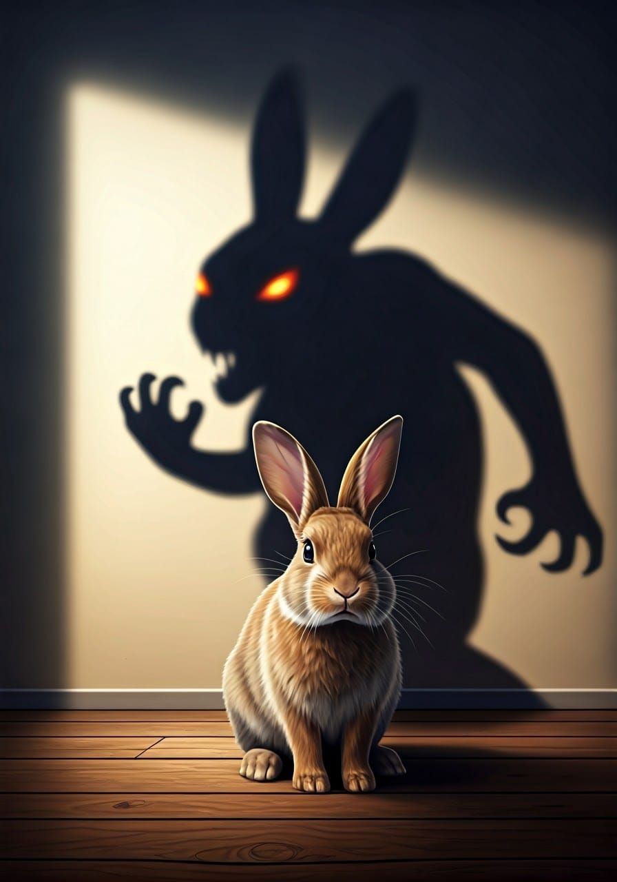 A regular rabbit's shadow morphs into a ferocious monster.  by @Autumn